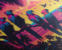 Load image into Gallery viewer, Tropical birds of paradise, synthwave, vaporwave wall art, framed canvas print
