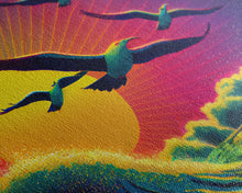 Carregar imagem no visualizador da galeria, Flock of Seagulls, art deco style sun, framed canvas print, synthwave retrowave animal art
