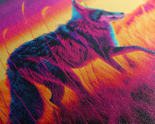 Load image into Gallery viewer, Cute fox in the tall grass, animal print, vaporwave framed canvas print, retrowave animal art
