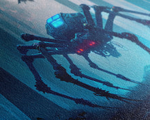 Load image into Gallery viewer, Cyborg Spider, Scifi Fantasy horror art, robot spider on the hunt, framed canvas print
