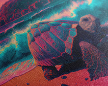 Load image into Gallery viewer, Sea turtle fighting the waves, framed canvas art, synthwave, vaporwave, animal prints
