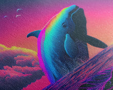 Load image into Gallery viewer, Humpback whale breaching a rainbow, vaporwave art, synthwave animal print, framed canvas print

