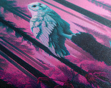 Load image into Gallery viewer, White owl in synthwave forest, vaporwave style animal print art, framed canvas print
