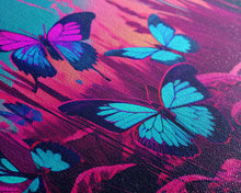 Load image into Gallery viewer, Beautiful butterfly art, vaporwave aesthetic pastel art, framed canvas print, synthwave art
