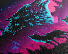 Load image into Gallery viewer, Wolves Howling at the moon, 3 wolf moon, framed canvas print, vaporwave art, Animal art, predator art
