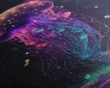 Load image into Gallery viewer, Bioluminescent Cosmic Jellyfish against a Starry night sky, JellyFish Art, Framed Canvas Print, synthwave style art
