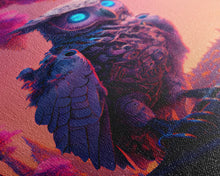 Load image into Gallery viewer, Cyberpunk Robot Owl, framed canvas print, Cybernetic android owl art, vaporwave aesthetic futuristic art
