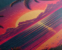 Load image into Gallery viewer, 8 bit pixel art sunset, synthwave style palm tree beach, framed canvas print, framed wall art painting
