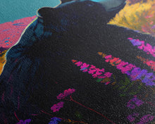 Carregar imagem no visualizador da galeria, Cute brown bear stopping to smell the flowers, animal prints, framed canvas print, colorful unique wall art
