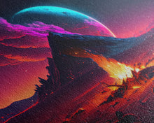 Load image into Gallery viewer, Campfire under a Full Moon, Framed canvas print, retro synthwave / outrun style primitive home decor

