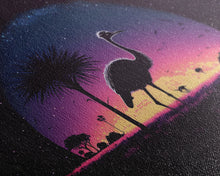 Load image into Gallery viewer, Emu Art | Framed Canvas Print | Synthwave Style Framed Wall Art | Animal Prints | Emu Walks Under A Full Moon | Kid&#39;s Room Decor
