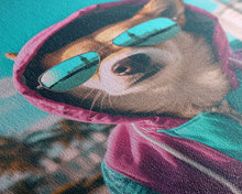 Load image into Gallery viewer, Corgi In Pink And Blue Hoodie Sunglasses Wall Print, Dog Art Print, Dog Portrait, Framed Wall Art, Framed Canvas, Wall Print, Wall Canvas
