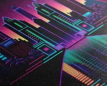 Cargar imagen en el visor de la galería, Retro Style Synthwave Wireframe City, Outrun Style, Framed Canvas Print, 80s Vibes Art
