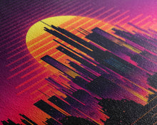 Load image into Gallery viewer, Outrun Style Futuristic Cyberpunk City Skyline at Sunset, Concept art, framed canvas print, dystopian art
