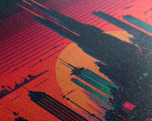 Load image into Gallery viewer, Outrun Style Pixel Art Futuristic Cyberpunk City Skyline at Sunset, Concept art, framed canvas print, dystopian art
