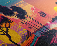 Load image into Gallery viewer, Triptych 3 panel Wall Art, Framed Canvas Prints, Synthwave Landscape Decor, MCM 80s Vibes Retro Style 3 Piece Art
