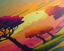 Load image into Gallery viewer, Retro Pop Art Landscape Art At Sunset, Framed Canvas Print, Outrun Style Trees and Sunset, Living Room Art

