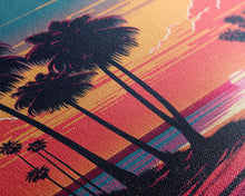 Load image into Gallery viewer, Framed Canvas Print - Art Deco Sunset, Beaches, Minimalist Palm Trees, Retro Synthwave, Vaporwave, 80s Vibes, Gamer Art, Bar Decor
