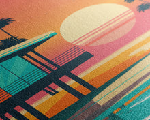Carregar imagem no visualizador da galeria, Art Deco Sunset Beach Canvas Print, Minimalist Retro Palmtree Vibe, Vaporwave Art, 80s Retro Vibes, Miami Inspired Art
