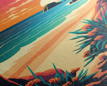 Load image into Gallery viewer, Framed Canvas Print | Art Deco Sunset, Beach, Palm Trees, Retro Style, Synthwave, Vaporwave, Island Vibes, Minimalist Beach Art
