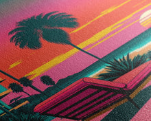 Load image into Gallery viewer, Framed Canvas Print – Art Deco Sunset Beach, Minimalist, Retro, Palm Trees, Synthwave, Vaporwave, Island Vibes, Lounging, Synthwave Deco
