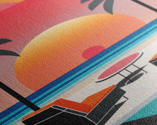 Load image into Gallery viewer, Framed Canvas Print - Art Deco Sunset, Minimalist Beach, Palm Trees, Retro Style, Synthwave, Vaporwave, Minimalist Abstract Decor
