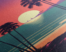 Load image into Gallery viewer, Framed Canvas Print - Art Deco Sunset, Palm Trees, Synthwave Vibes, Beach Decor, Vaporwave Pink Art, Miami Vibes
