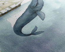 Load image into Gallery viewer, Framed Wall Art Blue Whale Painting, Watercolor Painting, Whale Print, Whale and Boat, Whale Nursery, Humpback Whale, Framed Wall Art

