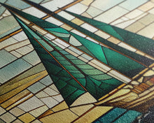 Load image into Gallery viewer, Emerald Green and Gold Art Deco Sail Boat, Framed Canvas Print, Retro MCM Style Wall Art, Midcentury Modern, Stained Glass, Huge Art
