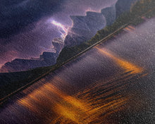 Carregar imagem no visualizador da galeria, Full moon canvas print, Lightning storm over a mountain lake at night, cool wall art, awesome wall art
