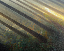Load image into Gallery viewer, Canvas print of a forest floor at golden hour, watercolor painting print, cool living room or guest room wall art
