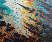 Cargar imagen en el visor de la galería, Extra large 24 x 72 wall art, framed canvas print, abstract pine tree forest painting, painting of a forest fire against a starry night sky
