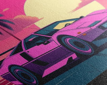 Cargar imagen en el visor de la galería, Classic sport car Wall Art, Framed Canvas Print, Guest room art, Beautiful sunset, Synthwave Style, Pink Colors, Pop Art Style, Tropical art
