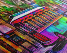 Load image into Gallery viewer, Colorful Vibrant Tram Wall Art, Palm Trees Art Print, Colored Pencil Sketch, Framed Canvas, Abstract Art, Panoramic, Wall Art, Canvas Print
