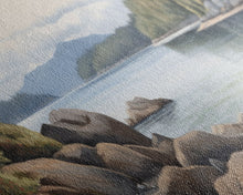 Cargar imagen en el visor de la galería, Colored Pencil Landscape Wall Art Print, Lake, Riverbank, River, Trees, Mountain, Large Canvas Art Print, Panoramic, Wall Art, Canvas Print
