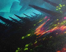 Load image into Gallery viewer, Luminescent magical forest canvas print, glowing trail though the trees, fantasy art
