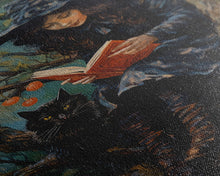 Carregar imagem no visualizador da galeria, Cute Witch Reading Spells To Her Black Cat Familiar, Vintage Halloween Art, Framed Canvas Print, Halloween Canvas Art, Witchcraft
