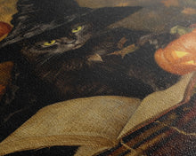 Carregar imagem no visualizador da galeria, Cute Witch Cat Reading Her Book Of Spells, Vintage Halloween Art, Framed Canvas Print, Halloween Canvas Art, Witchcraft
