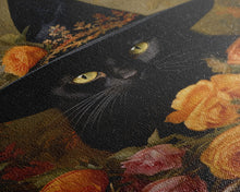Carregar imagem no visualizador da galeria, Cute Witch&#39;s Familiar Cat Halloween Art, Cat Witch, Cat Painting, Cute Cat Print, Halloween Decor, Black Cat Print, Framed Canvas / Canvas
