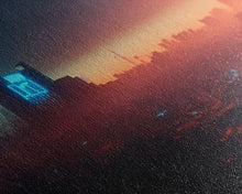 Load image into Gallery viewer, Cyberpunk Cityscape, Ready To Hang Canvas Print, Panoramic, Cyberpunk Concept Art, Cityscape at Sunset, Cool mancave art, gift for him
