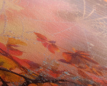 Load image into Gallery viewer, Dew Covered Spiderweb In The Fall, Framed Canvas Print, Autumn Centerpiece, Fall Leaves In The Autumn
