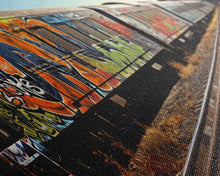 Carregar imagem no visualizador da galeria, Abandoned Train Tracks, Urban Decay Graffiti Photography, Framed Canvas Print, Industrial Loft Decor, Loft Wall Art, Urban Art
