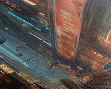 Carregar imagem no visualizador da galeria, Futuristic Cyberpunk City, Framed Canvas Print, Dystopian Art, Metropolis Painting, Unique Office Decor
