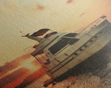Carregar imagem no visualizador da galeria, An Abandoned Yacht at Sunset - Framed Canvas Print - Nautical Decor - Vaporwave Art - Liminal Spaces - Urban Decay - Eclectic Wall Art
