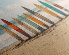 Carregar imagem no visualizador da galeria, Boho Beach Decor, Framed Canvas Print, Retro Surf Boards In The Sand, Living Room Decor, Gift For Him, Surfer Gift
