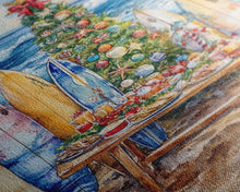 Cargar imagen en el visor de la galería, Christmas tree with surfboards on the beach, Framed Canvas Print tropical holiday wall art perfect beach Christmas decor holiday gift idea
