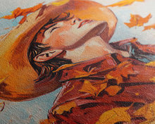 Load image into Gallery viewer, Cowboy Fall Decor Canvas Print with Windblown Leaves, Rustic Farmhouse Autumn Holiday Wall Art Seasonal Gift Idea 2024
