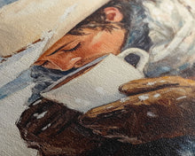 Load image into Gallery viewer, Cowboy Drinking Hot Cocoa Framed Canvas Print - Cozy Winter Wall Art 2024 Rustic Christmas Decor and Gift Idea
