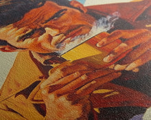 Load image into Gallery viewer, Cowboy Drinking Coffee in Winter Cabin Framed Canvas Print - Cozy Christmas Wall Art 2024 Rustic Holiday Decor
