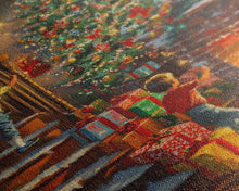 Cargar imagen en el visor de la galería, Children Hanging Stockings By The Fireplace Framed Canvas Print Tall Art With Christmas Tree, Nostalgic Christmas Wall Art Holiday Decor
